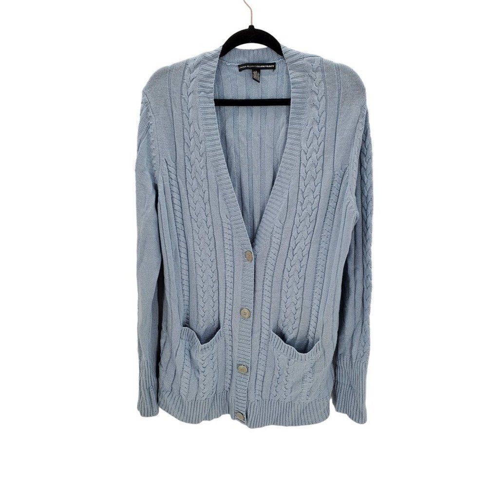 Linda Allard Ellen Tracy Womens Cardigan Blue Button Pockets Wool Silk Size X